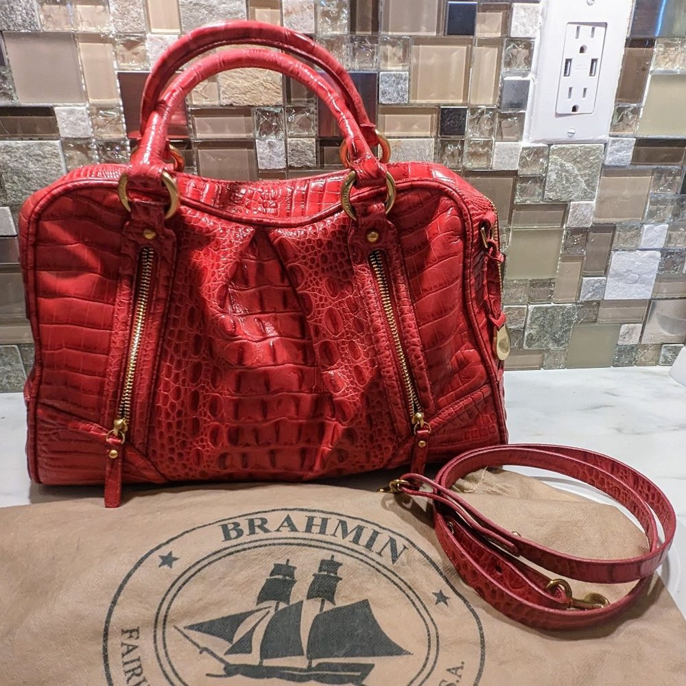 Brahmin Pink Leather Croc Embossed Satchel